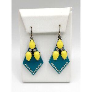 LULU FROST J. CREW STATEMENT Earrings Teal Yellow Lucite Rhinestone Brass 2013